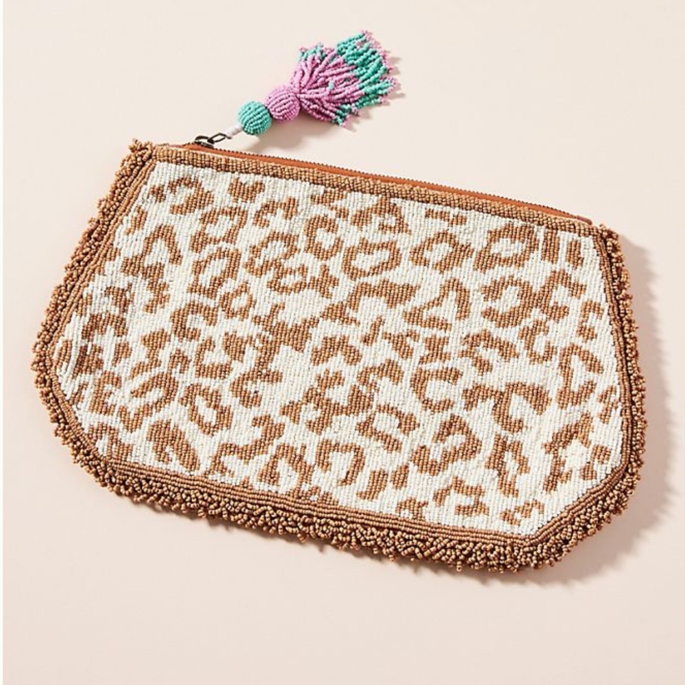 NWT Anthropologie Beaded Leopard Clutch